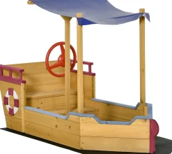 Bac à Sable Bateau de Pirate en Bois avec Voile d'Ombre et Coffre de Rangement - Bois de Sapin Pré-huilé