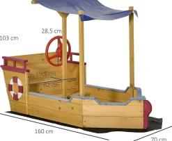 Bac à Sable Bateau de Pirate en Bois avec Voile d'Ombre et Coffre de Rangement - Bois de Sapin Pré-huilé