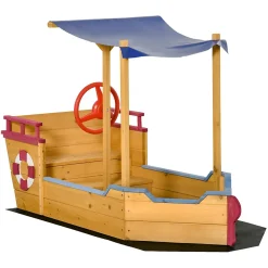 Bac à sable bateau de pirate en bois - voile d'ombrage, coffre rangement, gouvernail - bois sapin pré-huilé