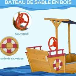 Bac à sable bateau de pirate en bois - voile d'ombrage, coffre rangement, gouvernail - bois sapin pré-huilé