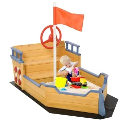 Bac à sable bateau de pirate - banc, coffre rangement, gouvernail, drapeau, bâche - bois sapin pré-huilé