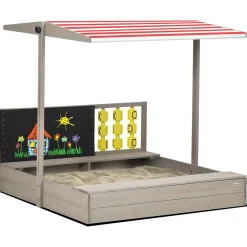 Bac à sable bois carré dim. 1,18 x 1,13 x 1,10 m - hauteur, inclinaison toit réglable, refermable - tableau, jeu - gris