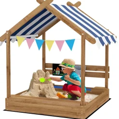 Bac à sable bois forme de maison auvent 2 bacs évier tableau noir fanions