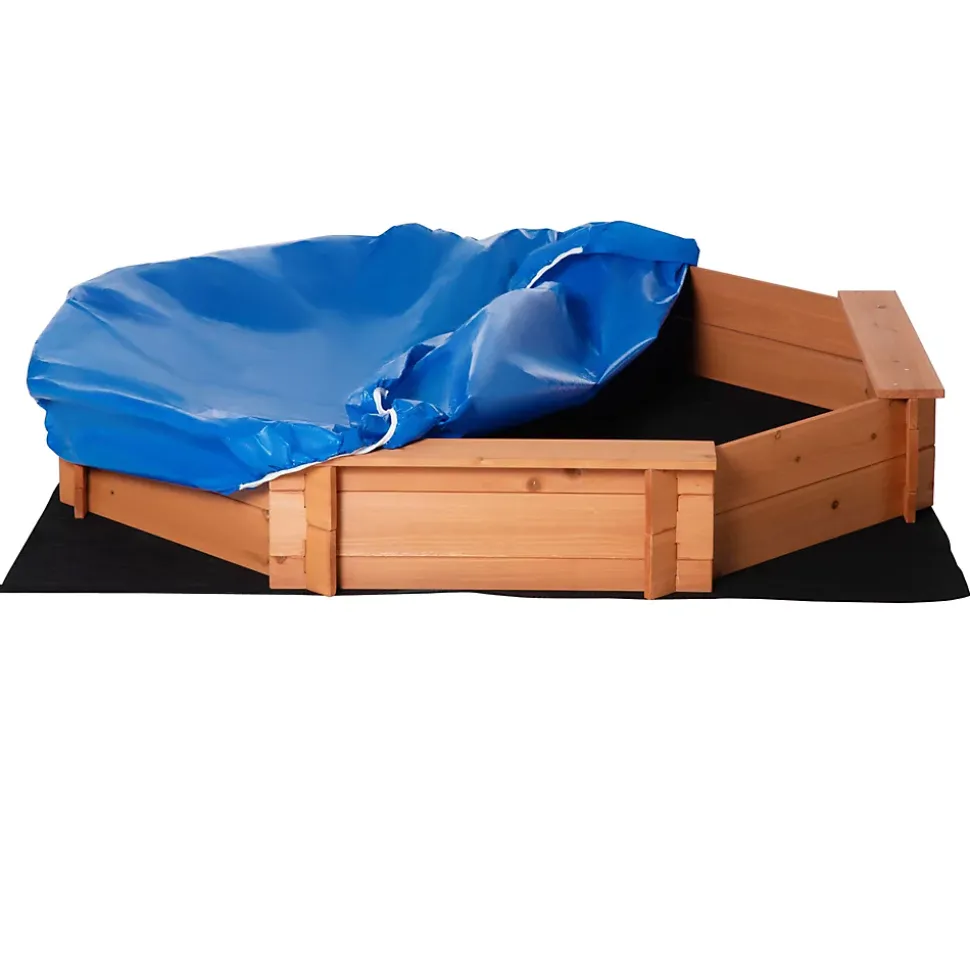 Bac à sable bois octogonal dim. 139,5 x 139,5 x 21,5 cm - 4 bancs - bâche de couverture, non tissé de sol inclus - bois sapin