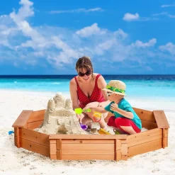 Bac à sable bois octogonal dim. 139,5 x 139,5 x 21,5 cm - 4 bancs - bâche de couverture, non tissé de sol inclus - bois sapin