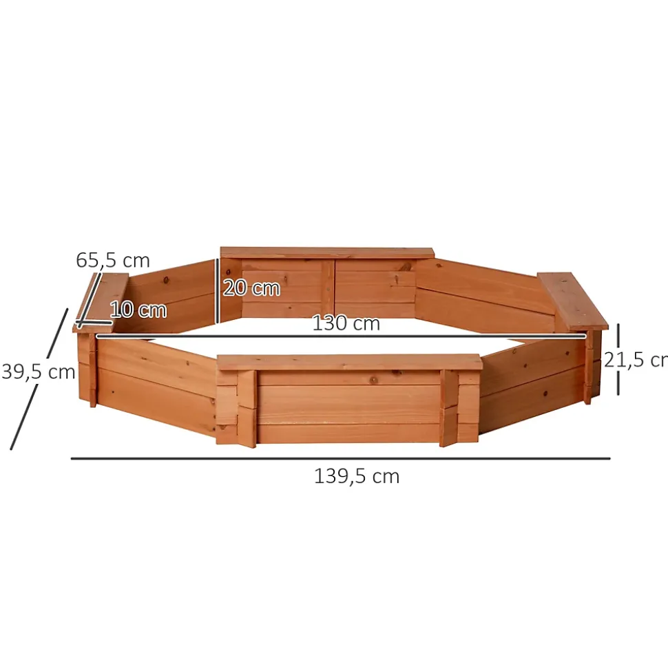 Bac à sable bois octogonal dim. 139,5 x 139,5 x 21,5 cm - 4 bancs - bâche de couverture, non tissé de sol inclus - bois sapin