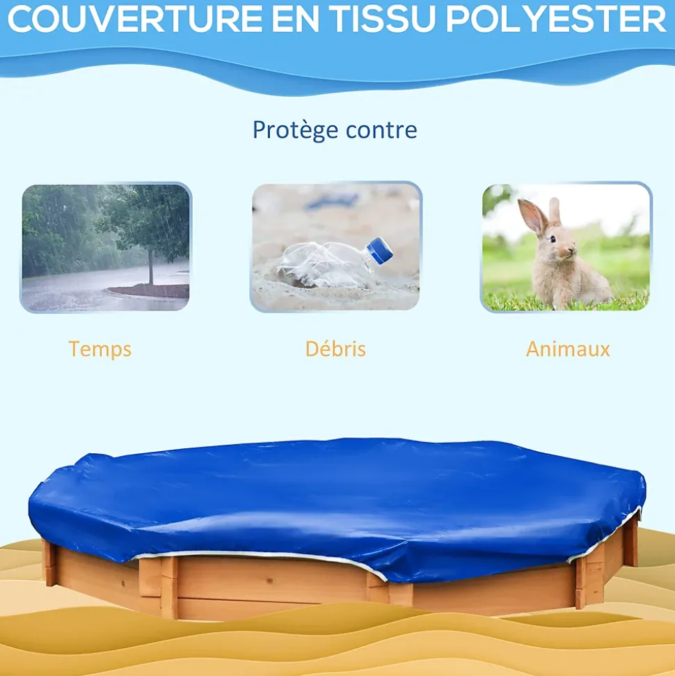 Bac à sable bois octogonal dim. 139,5 x 139,5 x 21,5 cm - 4 bancs - bâche de couverture, non tissé de sol inclus - bois sapin