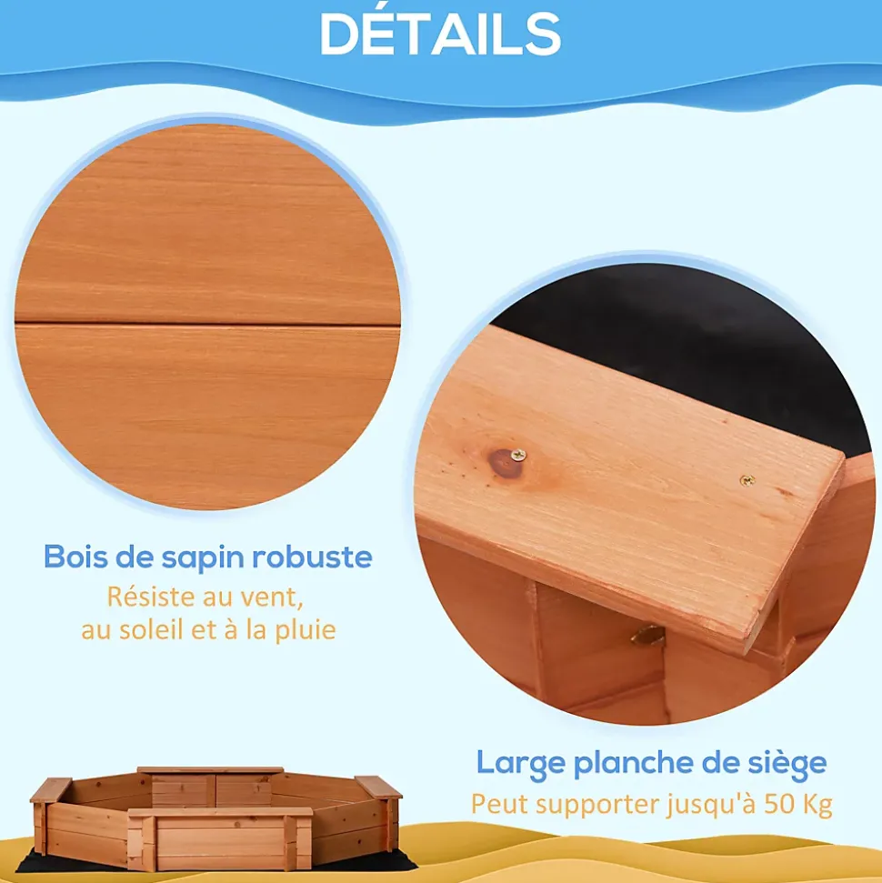 Bac à sable bois octogonal dim. 139,5 x 139,5 x 21,5 cm - 4 bancs - bâche de couverture, non tissé de sol inclus - bois sapin