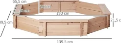 Bac à Sable Bois octogonal dim. 139,5L x 139,5l x 21,5H cm - 4 bancs - bâche de Couverture