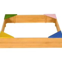 Bac à sable carré en bois pour enfants 4 assises en coin et film protection 109 x 109 x 19,8 cm bois naturel