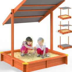 Bac à Sable en Bois Sami 120x120 cm avec Toit Réglable et Tapis de Sol Protection UV50+