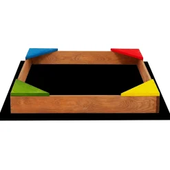 Bac à sable en bois SPRINGOS 90 x 90 cm avec 4 bancs d'angle, peint en couleurs, y compris tissu anti-mauvaises herbes