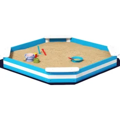 Bac à sable enfant 3-6 ans en bois - 4 sièges, doublure de fond - dim. 133 x 133 x 16 cm - bleu blanc