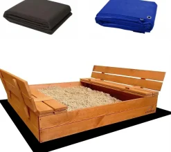 Bac à Sable Enfant en Bois Fermé 120 x 120 cm avec Bancs et Couvercle