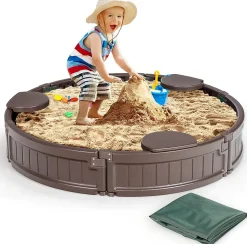 Bac à Sable pour Enfant Bac à Sable avec 3 Sièges Détachables Rond avec Couvercle en Tissu Oxford Extérieur Rond