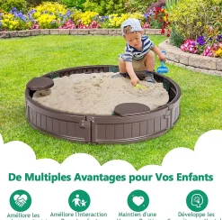 Bac à Sable pour Enfant Bac à Sable avec 3 Sièges Détachables Rond avec Couvercle en Tissu Oxford Extérieur Rond