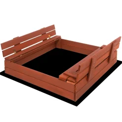 Bac à sable premium pour enfants marron 100 x 100 cm avec bancs, bâche et toile anti-mauvaises herbes