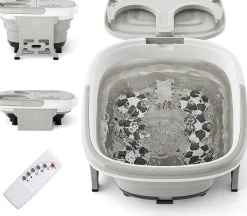 Bain de Pieds Relaxant Pliable avec Vibration des Bulles et Lumiere Rouge, avec Rouleaux de Massage et Telecommande (Gris)