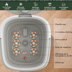 Bain de Pieds Relaxant Pliable avec Vibration des Bulles et Lumiere Rouge, avec Rouleaux de Massage et Telecommande (Gris)