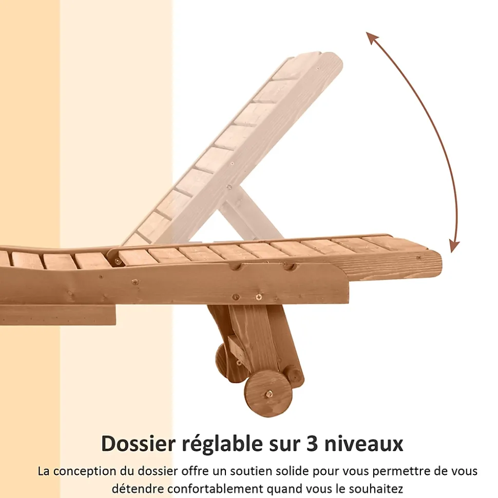 Bain de soleil transat style colonial dossier réglable 3 positions roulettes tablette support bois sapin pré-huilé