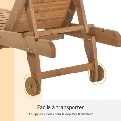 Bain de soleil transat style colonial dossier réglable 3 positions roulettes tablette support bois sapin pré-huilé