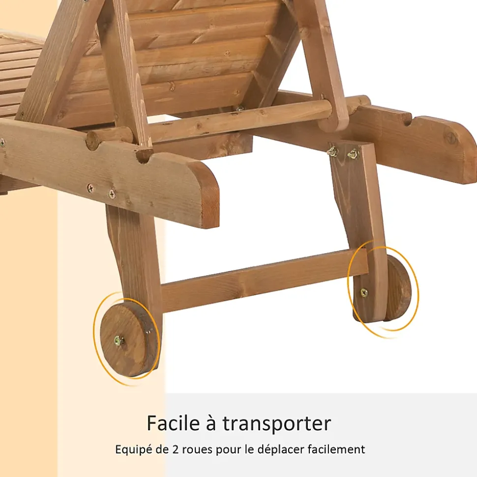 Bain de soleil transat style colonial dossier réglable 3 positions roulettes tablette support bois sapin pré-huilé
