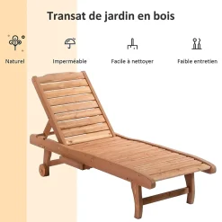 Bain de soleil transat style colonial dossier réglable 3 positions roulettes tablette support bois sapin pré-huilé