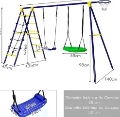 Balançoire 3 en 1 à Cadre en A Charge 200kg Balançoire 3 Agrès 1 en Forme de U 1 Face à Face 2 Anneaux Gymnastique