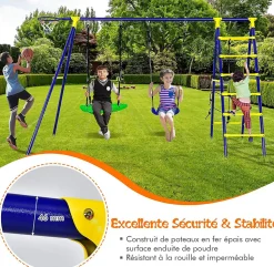 Balançoire 3 en 1 à Cadre en A Charge 200kg Balançoire 3 Agrès 1 en Forme de U 1 Face à Face 2 Anneaux Gymnastique