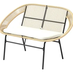 Banc de jardin 2 places style Acapulco coussin assise crème inclus résine filaire effet rotin