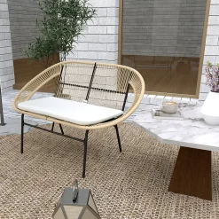 Banc de jardin 2 places style Acapulco coussin assise crème inclus résine filaire effet rotin