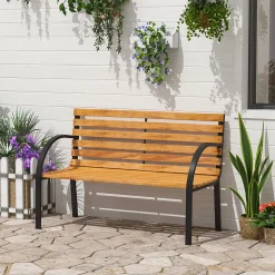 Banc de jardin 2 places style rural chic assise dossier à lattes bois naturel lasuré châssis acier époxy noir