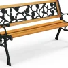 Banc de Jardin Extérieur pour 3 Personnes Banc de Patio en Métal Moulé Banc de Parc avec Siège en Bois de Pin Vintage