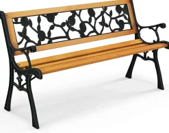 Banc de Jardin Extérieur pour 3 Personnes Banc de Patio en Métal Moulé Banc de Parc avec Siège en Bois de Pin Vintage