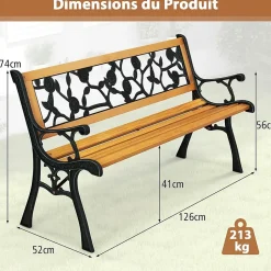 Banc de Jardin Extérieur pour 3 Personnes Banc de Patio en Métal Moulé Banc de Parc avec Siège en Bois de Pin Vintage
