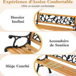 Banc de Jardin Extérieur pour 3 Personnes Banc de Patio en Métal Moulé Banc de Parc avec Siège en Bois de Pin Vintage