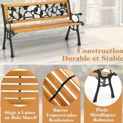 Banc de Jardin Extérieur pour 3 Personnes Banc de Patio en Métal Moulé Banc de Parc avec Siège en Bois de Pin Vintage