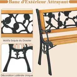 Banc de Jardin Extérieur pour 3 Personnes Banc de Patio en Métal Moulé Banc de Parc avec Siège en Bois de Pin Vintage
