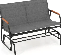 Banc Exterieur Jardin à Bascule,115x74x84 CM, avec Assise en Tissu,Accoudoirs en Teck et Structure en Métal (2 Personnes)
