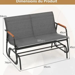 Banc Exterieur Jardin à Bascule,115x74x84 CM, avec Assise en Tissu,Accoudoirs en Teck et Structure en Métal (2 Personnes)