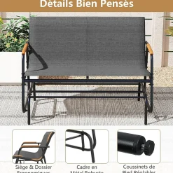 Banc Exterieur Jardin à Bascule,115x74x84 CM, avec Assise en Tissu,Accoudoirs en Teck et Structure en Métal (2 Personnes)