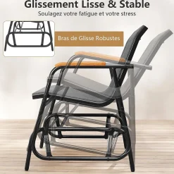 Banc Exterieur Jardin à Bascule,115x74x84 CM, avec Assise en Tissu,Accoudoirs en Teck et Structure en Métal (2 Personnes)
