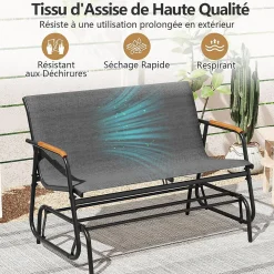 Banc Exterieur Jardin à Bascule,115x74x84 CM, avec Assise en Tissu,Accoudoirs en Teck et Structure en Métal (2 Personnes)