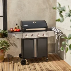 Barbecue au gaz - Bazin Gris anthracite - Cuisine extérieure 5 brûleurs dont 1 feu latéral avec tablettes et thermomètre.