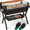 Barbecue Charbon de Bois avec Verre Coupe-vent, 98 x 42 x 68 CM,avec Grill et Supports d'Assaisonnement, 2 Zone BBQ Différent