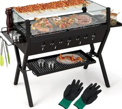 Barbecue Charbon de Bois avec Verre Coupe-vent, 98 x 42 x 68 CM,avec Grill et Supports d'Assaisonnement, 2 Zone BBQ Différent