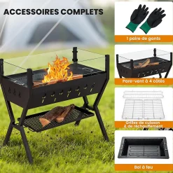 Barbecue Charbon de Bois avec Verre Coupe-vent, 98 x 42 x 68 CM,avec Grill et Supports d'Assaisonnement, 2 Zone BBQ Différent