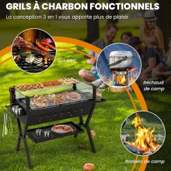 Barbecue Charbon de Bois avec Verre Coupe-vent, 98 x 42 x 68 CM,avec Grill et Supports d'Assaisonnement, 2 Zone BBQ Différent