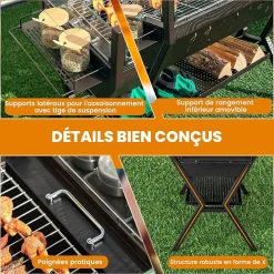 Barbecue Charbon de Bois avec Verre Coupe-vent, 98 x 42 x 68 CM,avec Grill et Supports d'Assaisonnement, 2 Zone BBQ Différent