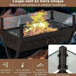 Barbecue Charbon de Bois avec Verre Coupe-vent, 98 x 42 x 68 CM,avec Grill et Supports d'Assaisonnement, 2 Zone BBQ Différent